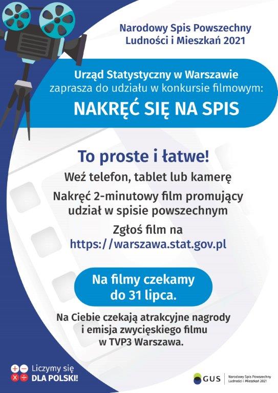 Na górze grafiki jest napis: Narodowy Spis Powszechny Ludności i Mieszkań 2021. Po lewej stronie jest grafika przedstawiająca kamerę filmową na statywie. Poniżej napis: Urząd Statystyczny w Warszawie zaprasza do udziału w konkursie filmowym NAKRĘĆ SIĘ NA SPIS. Poniżej, na tle taśmy filmowej jest napis: To proste i łatwe! Weź telefon, tablet lub kamerę, Nakręć 2-minutowy film promujący udział w spisie powszechnym, zgłoś film na https://warszawa.stat.gov.pl. Dalej jest wyróżniony komunikat: Na filmy czekamy do 31 lipca, z dopiskiem: Na Ciebie czekają atrakcyjne nagrody i emisja zwycięskiego filmu w TVP3 Warszawa. Na dole grafiki są cztery małe koła ze znakami dodawania, odejmowania, mnożenia i dzielenia, obok nich napis: Liczymy się dla Polski! W prawym dolnym rogu jest logotyp spisu: dwa nachodzące na siebie pionowo koła, GUS, pionowa kreska, Narodowy Spis Powszechny Ludności i Mieszkań 2021