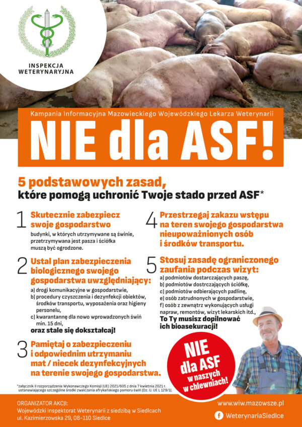 Plakat informacyjny w ramach kampanii informacyjnej „Nie dla ASF! 5 podstawowych zasad, które pomogą uchronić Twoje stado przed ASF